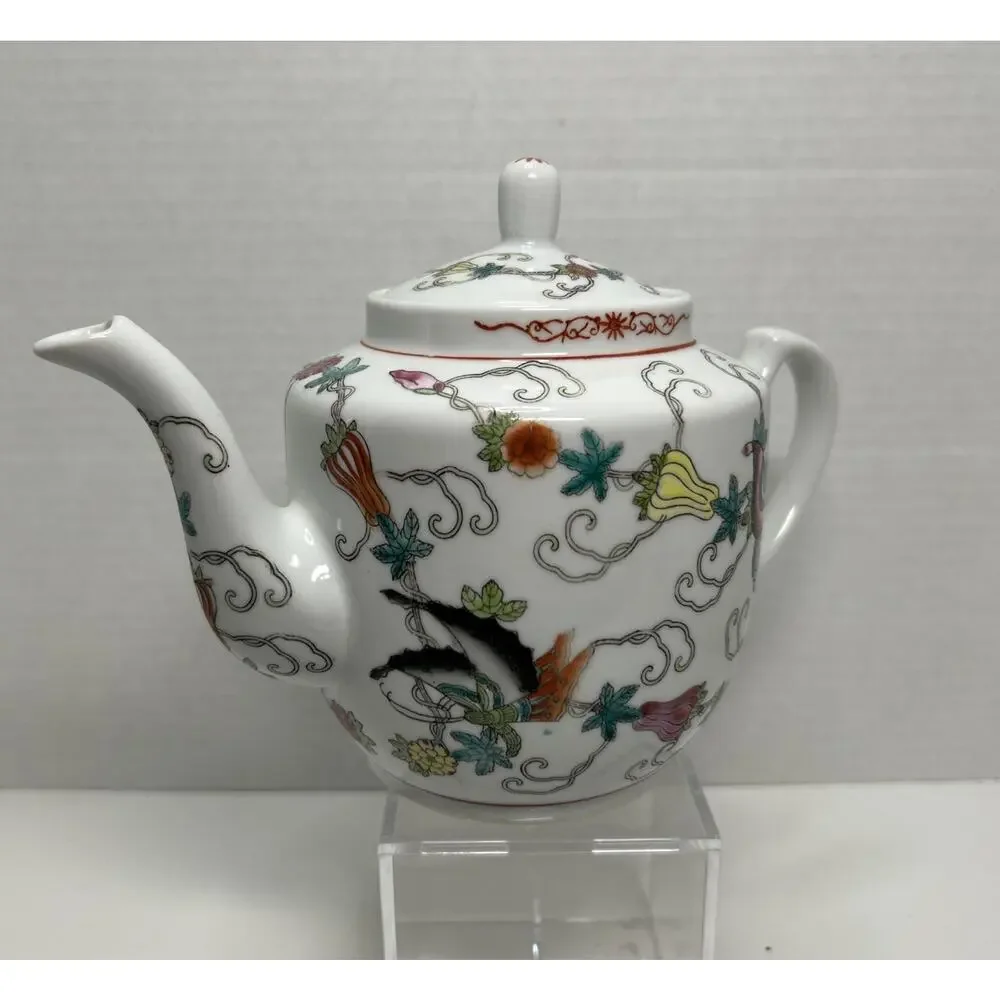 Vtg Chinese Jingdezhen Porcelain Floral Teapot Hand Painted Flowers Butterflies
